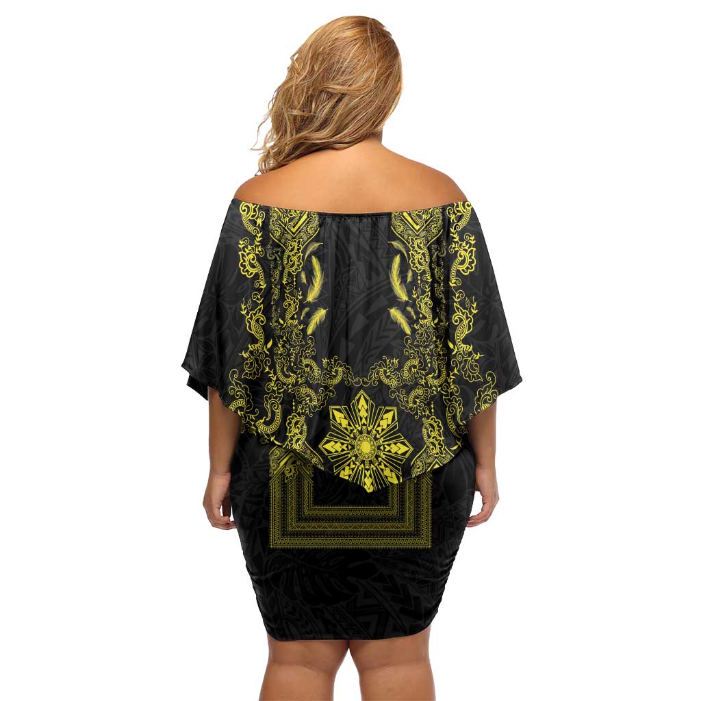 Philippines Barong Style Off Shoulder Short Dress with Polynesian Art and Leaf Motif Black-Gold Color