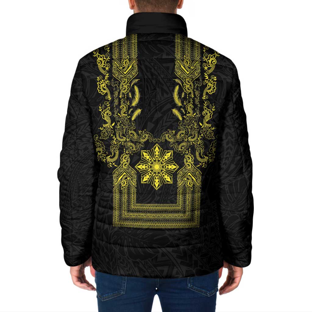 Philippines Barong Style Padded Jacket with Polynesian Art and Leaf Motif Black-Gold Color LT03 - Polynesian Pride