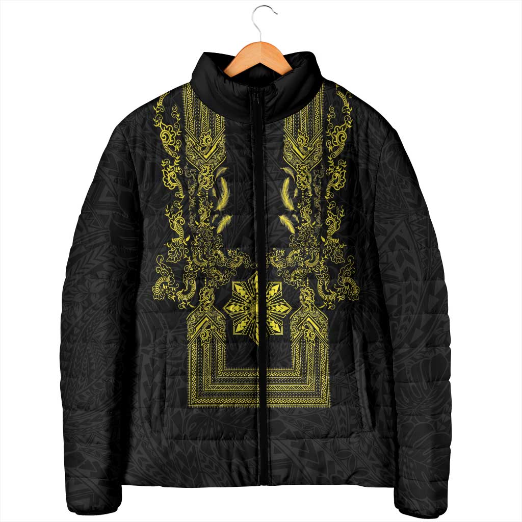 Philippines Barong Style Padded Jacket with Polynesian Art and Leaf Motif Black-Gold Color LT03 - Polynesian Pride