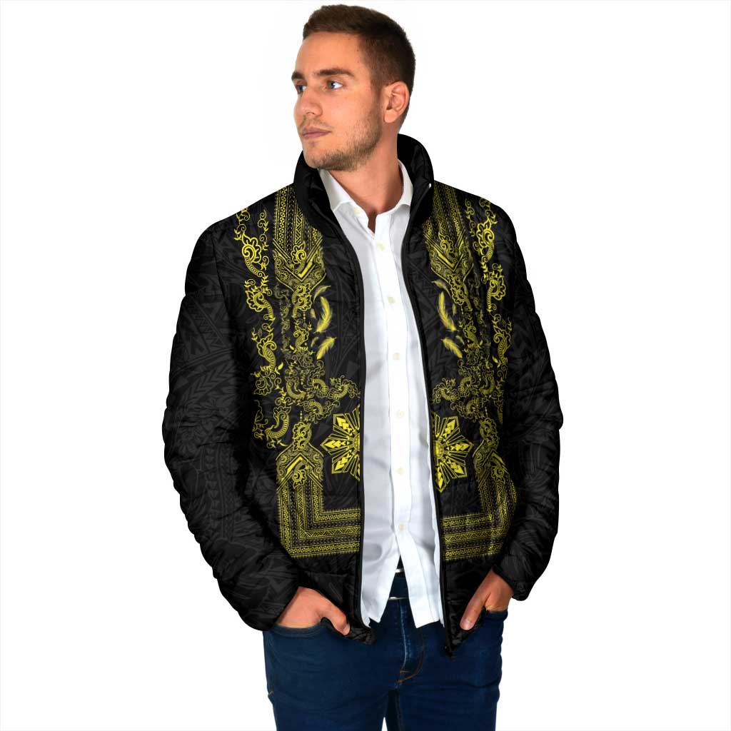 Philippines Barong Style Padded Jacket with Polynesian Art and Leaf Motif Black-Gold Color LT03 - Polynesian Pride