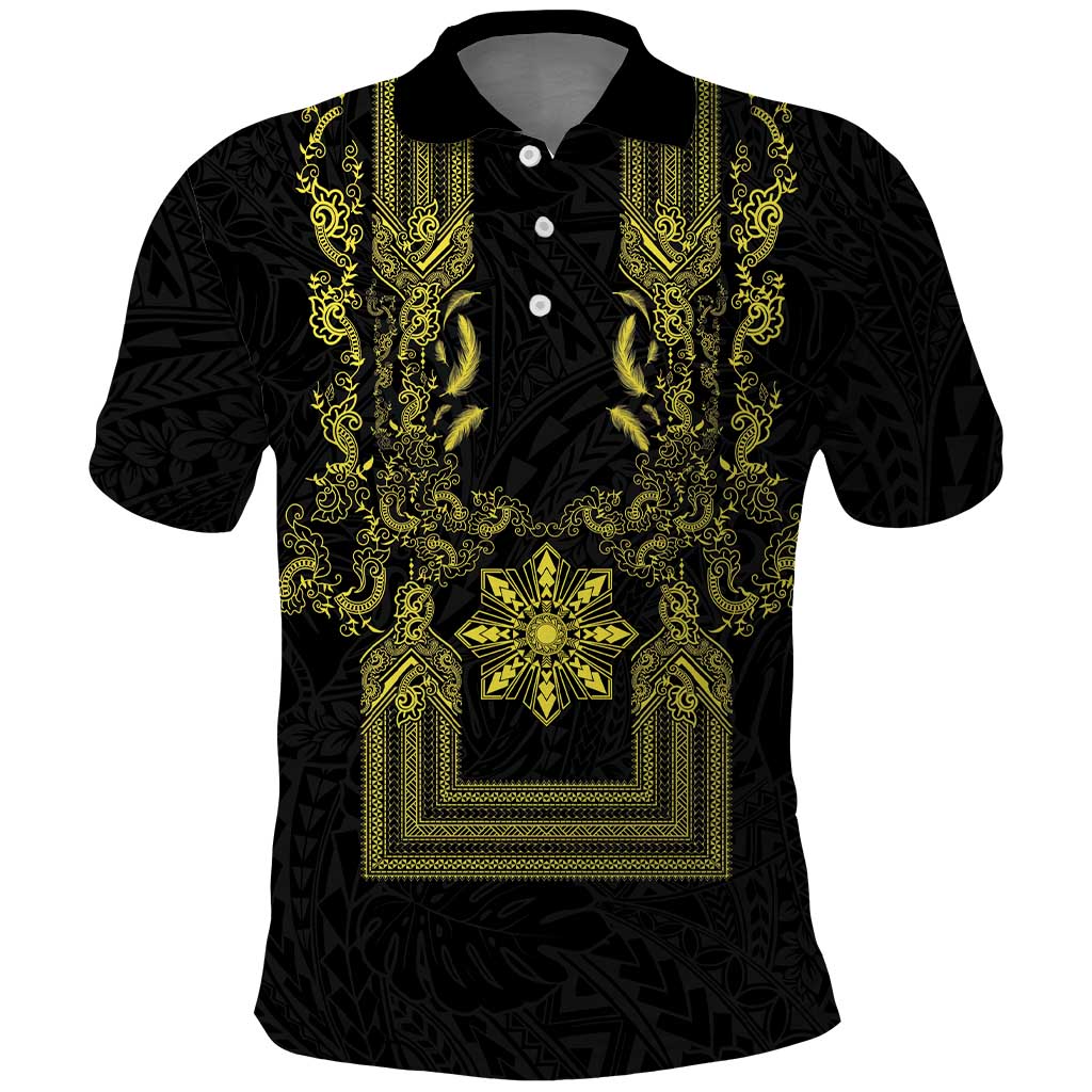 Philippines Barong Style Polo Shirt with Polynesian Art and Leaf Motif Black-Gold Color LT03 Black - Polynesian Pride