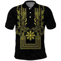 Philippines Barong Style Polo Shirt with Polynesian Art and Leaf Motif Black-Gold Color LT03 Black - Polynesian Pride