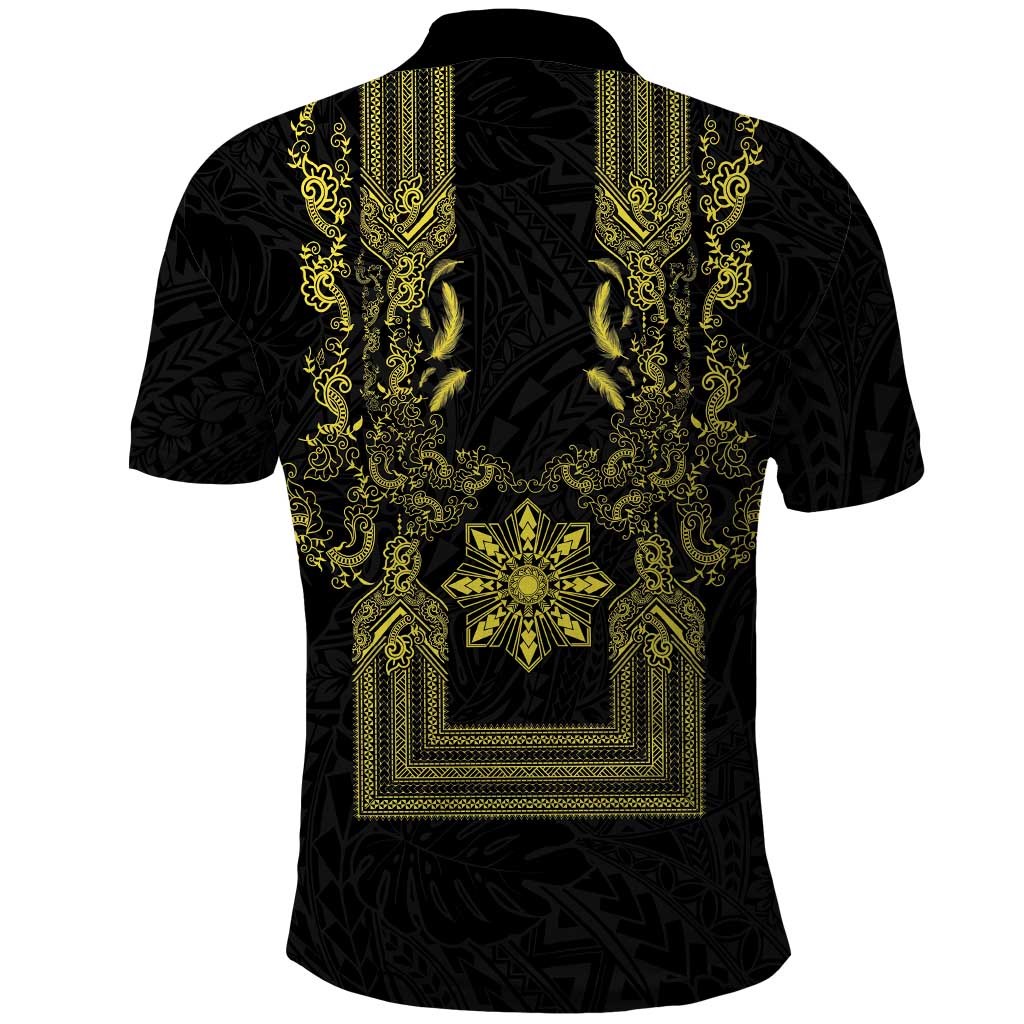 Philippines Barong Style Polo Shirt with Polynesian Art and Leaf Motif Black-Gold Color LT03 - Polynesian Pride