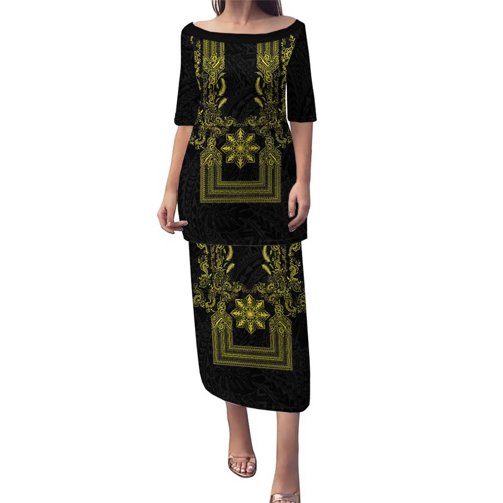 Philippines Barong Style Puletasi with Polynesian Art and Leaf Motif Black-Gold Color LT03 Long Dress Black - Polynesian Pride