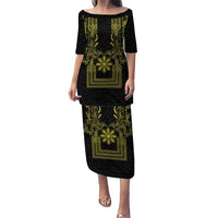 Philippines Barong Style Puletasi with Polynesian Art and Leaf Motif Black-Gold Color LT03 Long Dress Black - Polynesian Pride