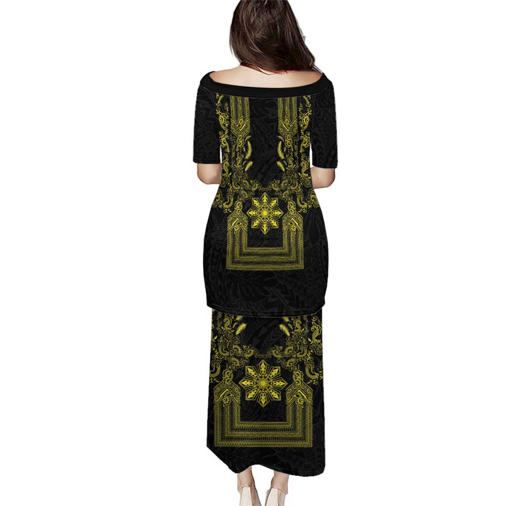 Philippines Barong Style Puletasi with Polynesian Art and Leaf Motif Black-Gold Color LT03 - Polynesian Pride