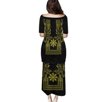Philippines Barong Style Puletasi with Polynesian Art and Leaf Motif Black-Gold Color LT03 - Polynesian Pride