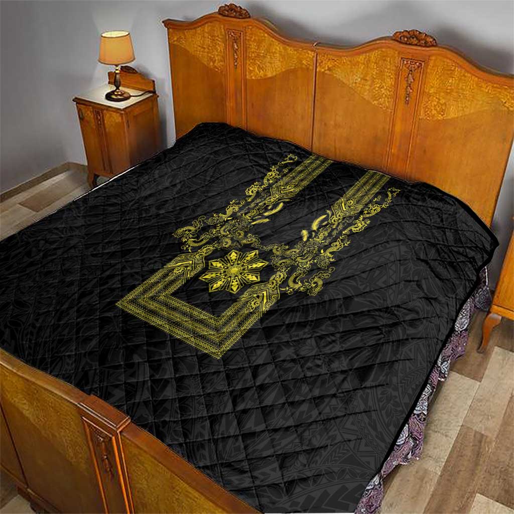 Philippines Barong Style Quilt with Polynesian Art and Leaf Motif Black-Gold Color LT03 - Polynesian Pride