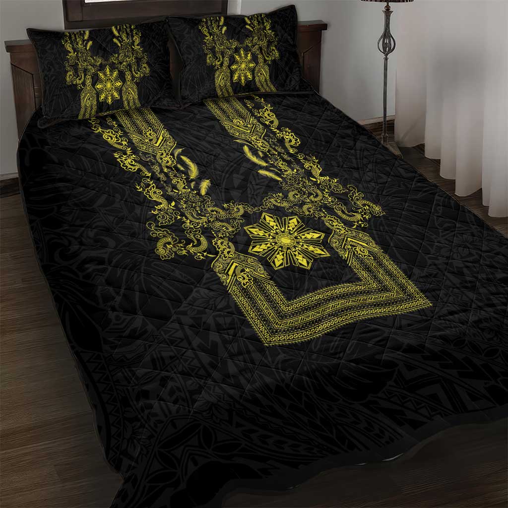 Philippines Barong Style Quilt Bed Set with Polynesian Art and Leaf Motif Black-Gold Color