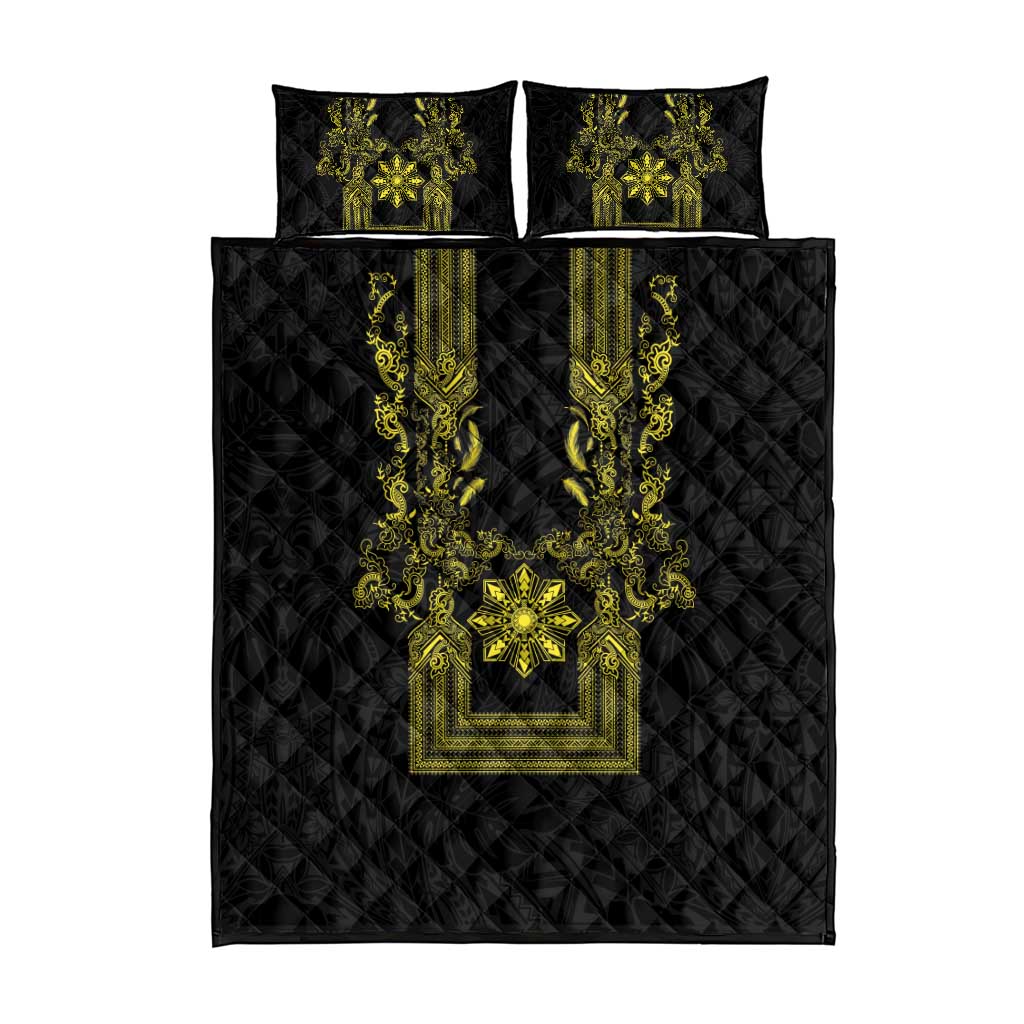 Philippines Barong Style Quilt Bed Set with Polynesian Art and Leaf Motif Black-Gold Color LT03 - Polynesian Pride