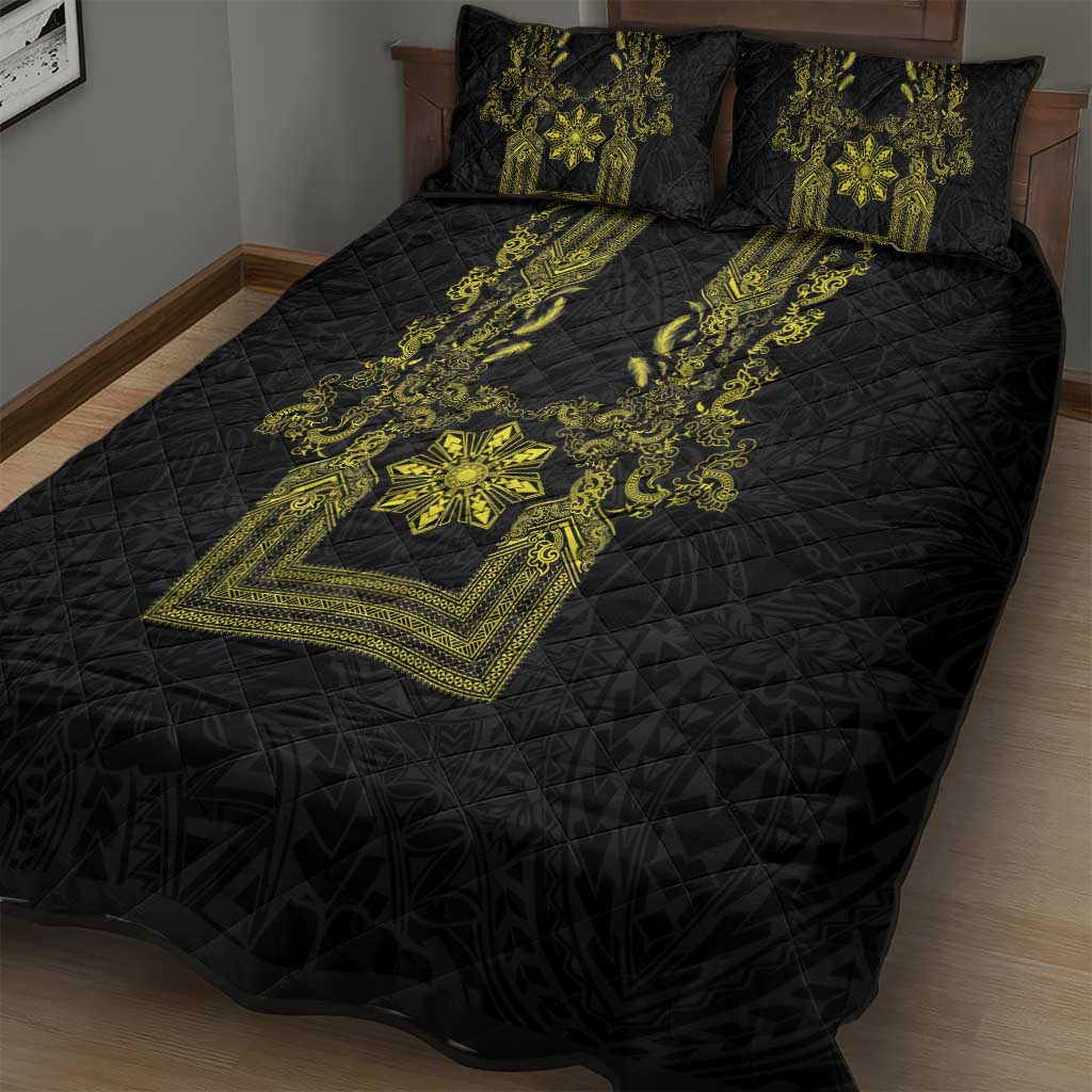 Philippines Barong Style Quilt Bed Set with Polynesian Art and Leaf Motif Black-Gold Color LT03 - Polynesian Pride