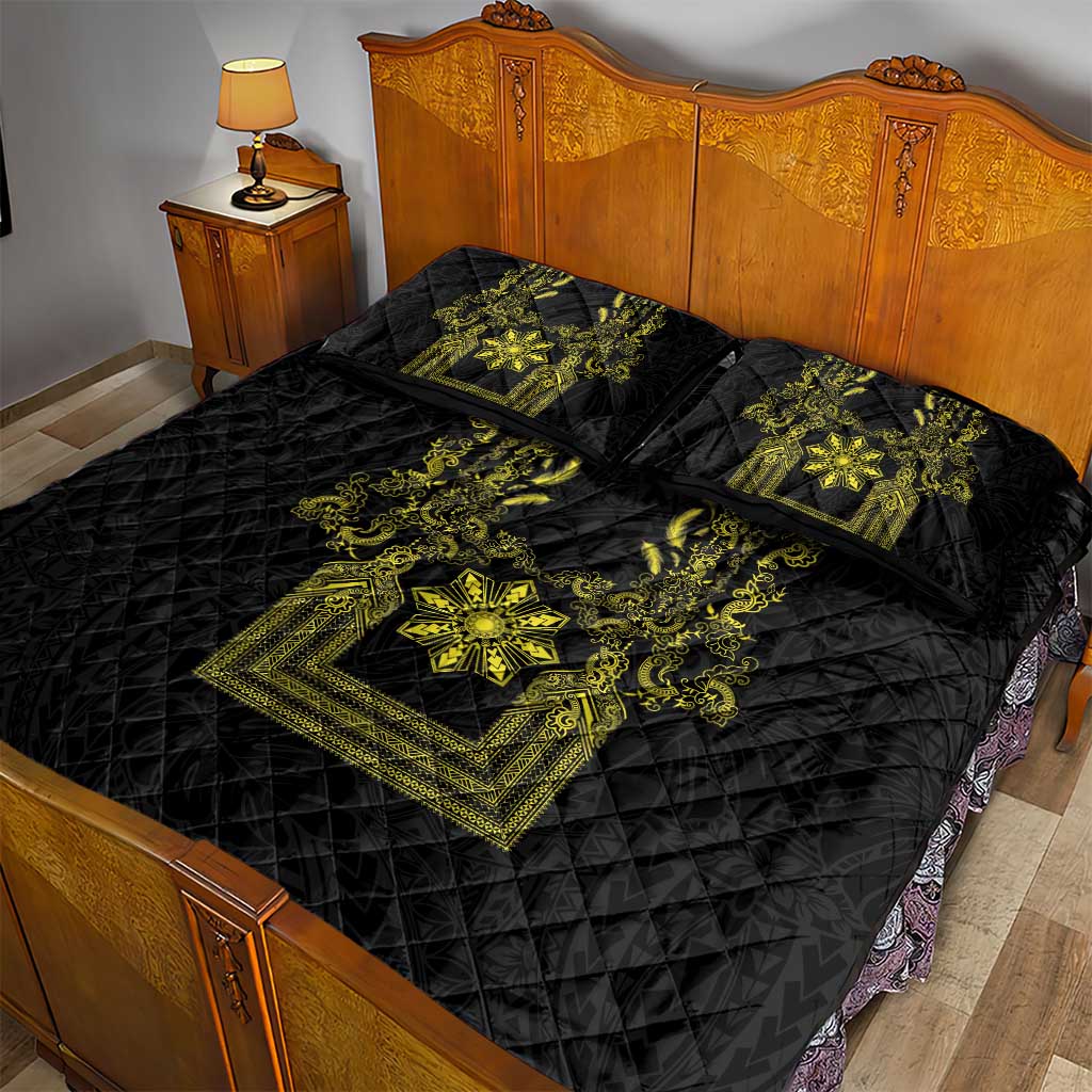 Philippines Barong Style Quilt Bed Set with Polynesian Art and Leaf Motif Black-Gold Color LT03 - Polynesian Pride