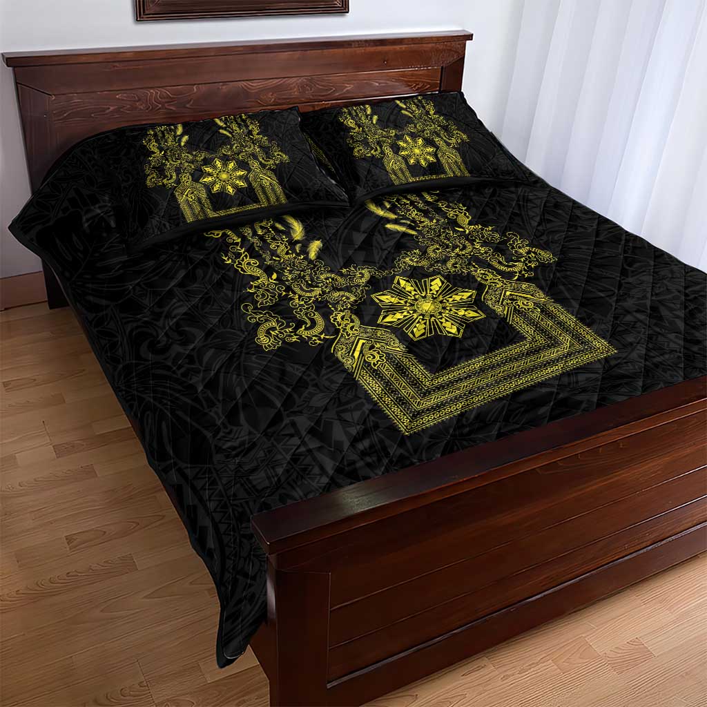 Philippines Barong Style Quilt Bed Set with Polynesian Art and Leaf Motif Black-Gold Color LT03 - Polynesian Pride