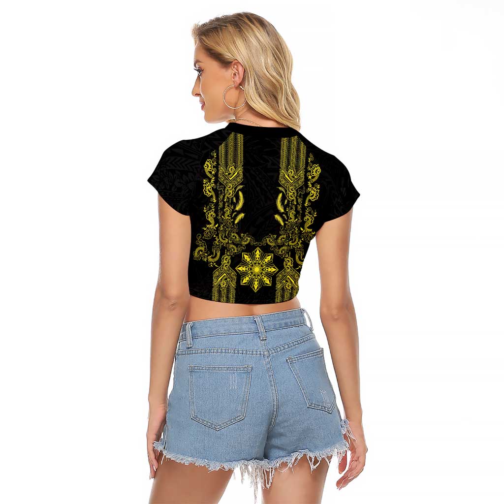 Philippines Barong Style Raglan Cropped T Shirt with Polynesian Art and Leaf Motif Black-Gold Color