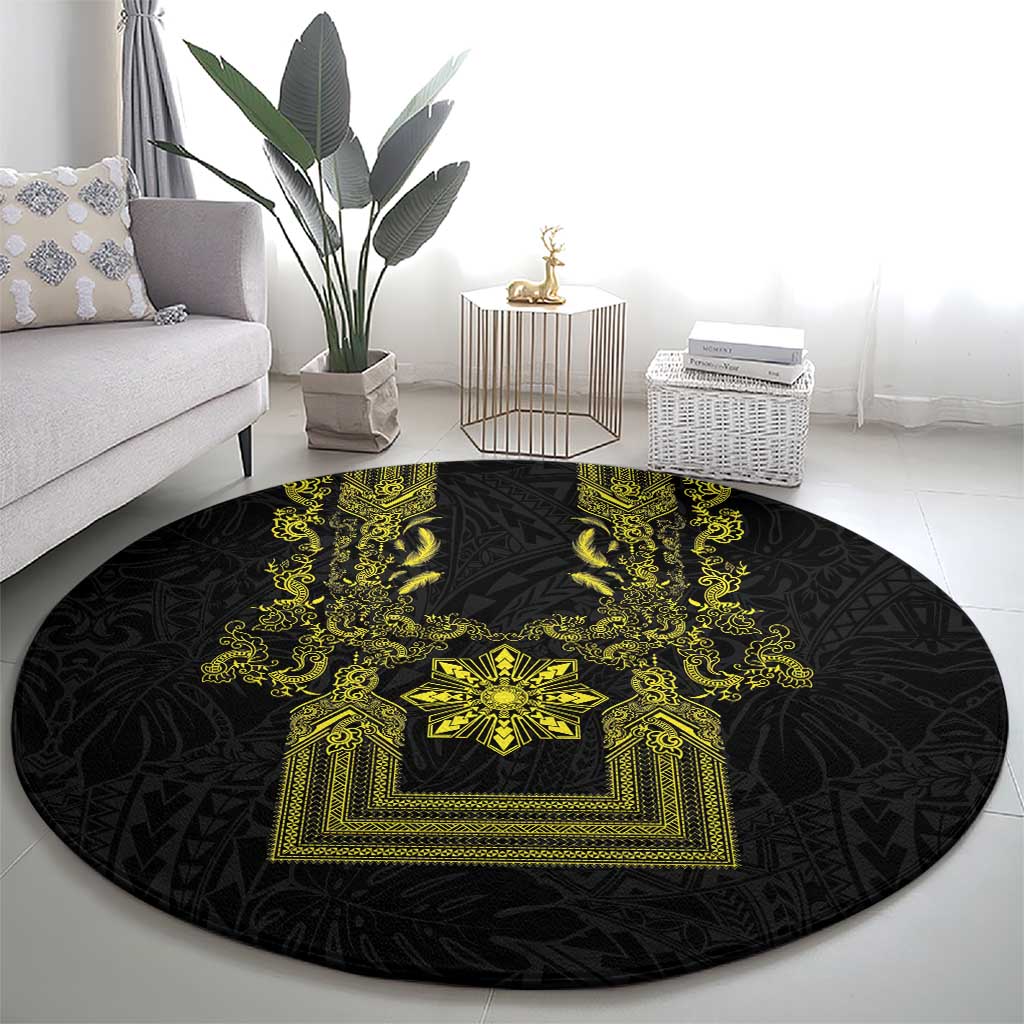 Philippines Barong Style Round Carpet with Polynesian Art and Leaf Motif Black-Gold Color LT03 - Polynesian Pride