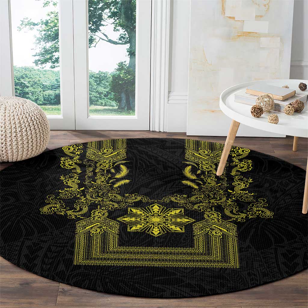 Philippines Barong Style Round Carpet with Polynesian Art and Leaf Motif Black-Gold Color LT03 - Polynesian Pride