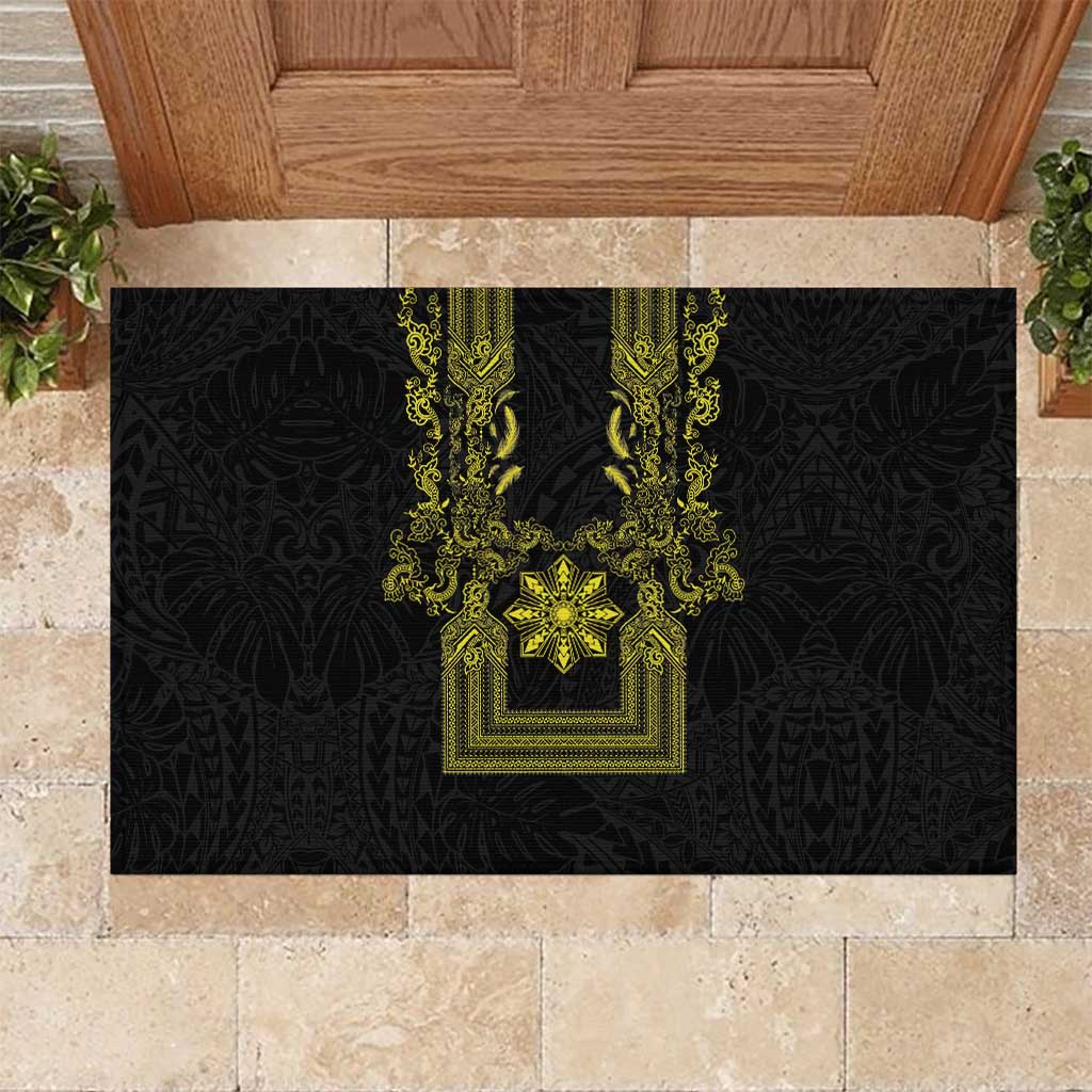 Philippines Barong Style Rubber Doormat with Polynesian Art and Leaf Motif Black-Gold Color