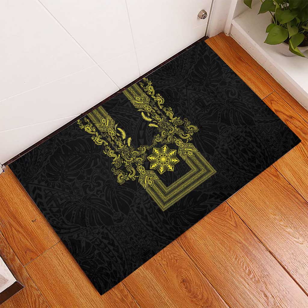 Philippines Barong Style Rubber Doormat with Polynesian Art and Leaf Motif Black-Gold Color