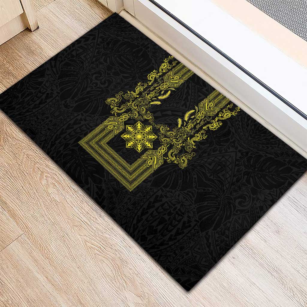 Philippines Barong Style Rubber Doormat with Polynesian Art and Leaf Motif Black-Gold Color
