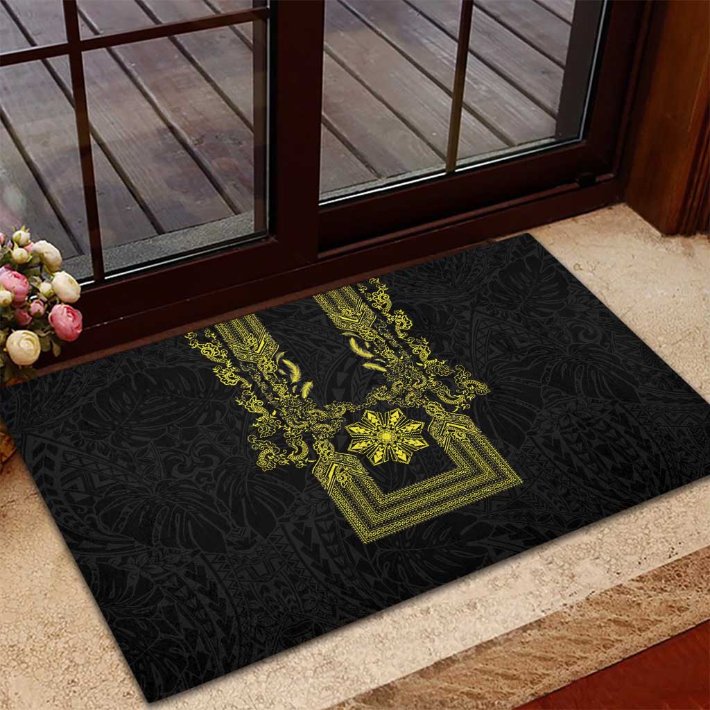 Philippines Barong Style Rubber Doormat with Polynesian Art and Leaf Motif Black-Gold Color