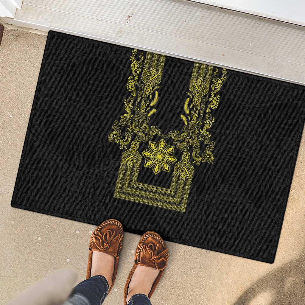 Philippines Barong Style Rubber Doormat with Polynesian Art and Leaf Motif Black-Gold Color