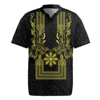 Philippines Barong Style Rugby Jersey with Polynesian Art and Leaf Motif Black-Gold Color LT03 Black - Polynesian Pride