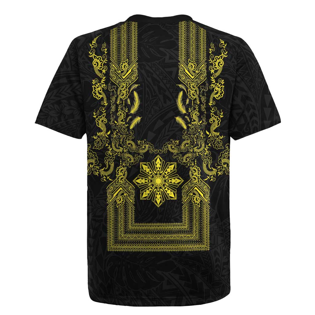 Philippines Barong Style Rugby Jersey with Polynesian Art and Leaf Motif Black-Gold Color LT03 - Polynesian Pride