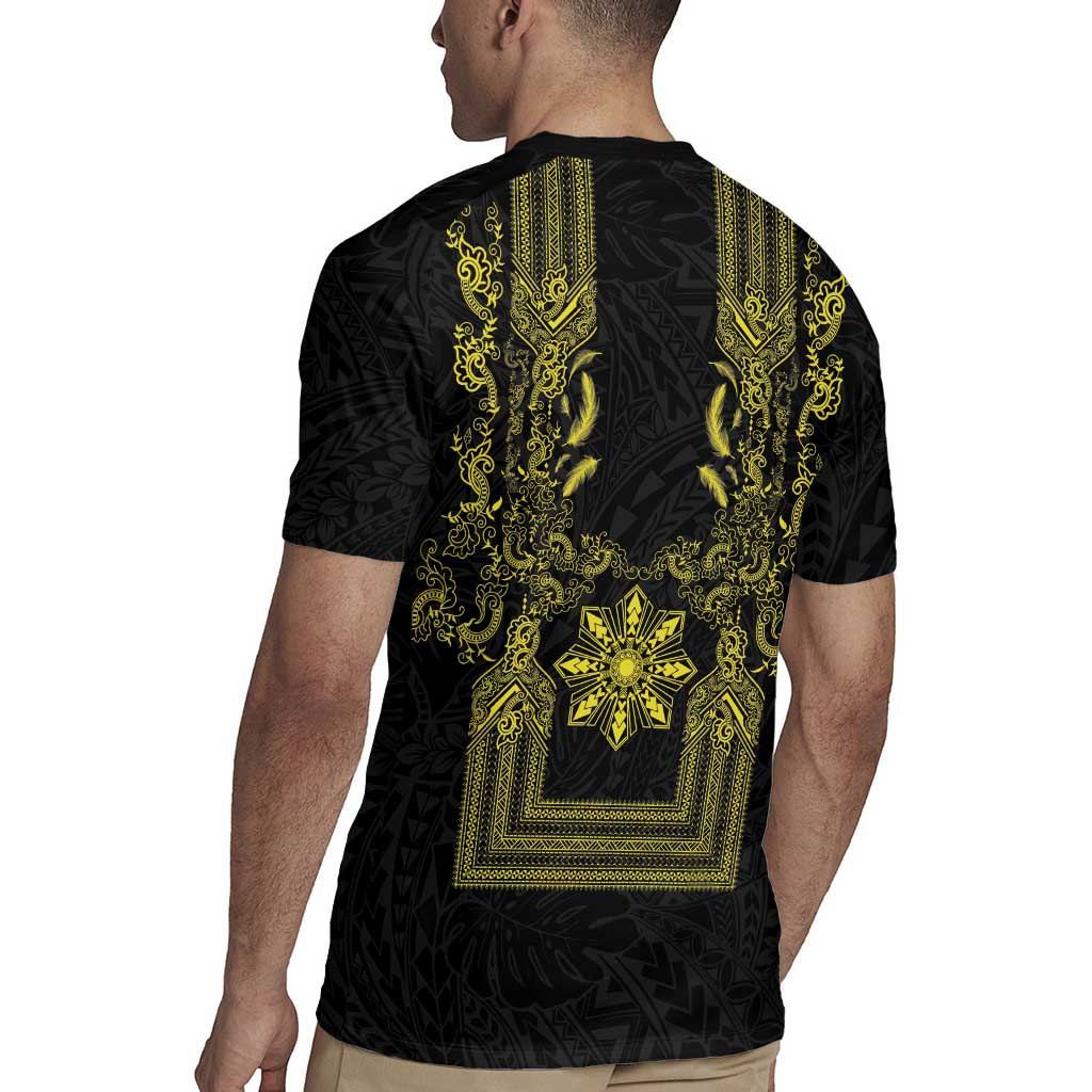 Philippines Barong Style Rugby Jersey with Polynesian Art and Leaf Motif Black-Gold Color LT03 - Polynesian Pride