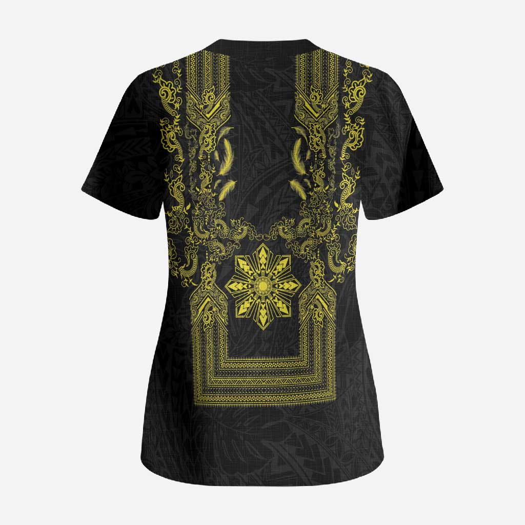 Philippines Barong Style Scrub Top with Polynesian Art and Leaf Motif Black-Gold Color LT03 - Polynesian Pride