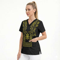 Philippines Barong Style Scrub Top with Polynesian Art and Leaf Motif Black-Gold Color LT03 - Polynesian Pride