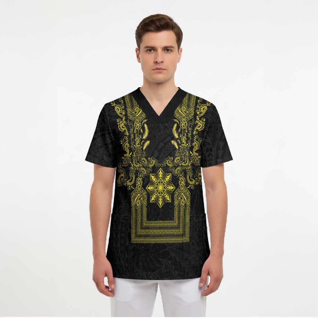 Philippines Barong Style Scrub Top with Polynesian Art and Leaf Motif Black-Gold Color LT03 - Polynesian Pride
