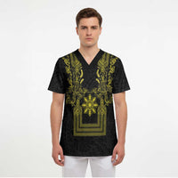 Philippines Barong Style Scrub Top with Polynesian Art and Leaf Motif Black-Gold Color LT03 - Polynesian Pride