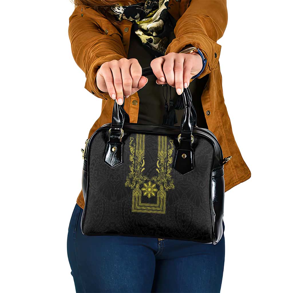 Philippines Barong Style Shoulder Handbag with Polynesian Art and Leaf Motif Black-Gold Color LT03 One Size Black - Polynesian Pride