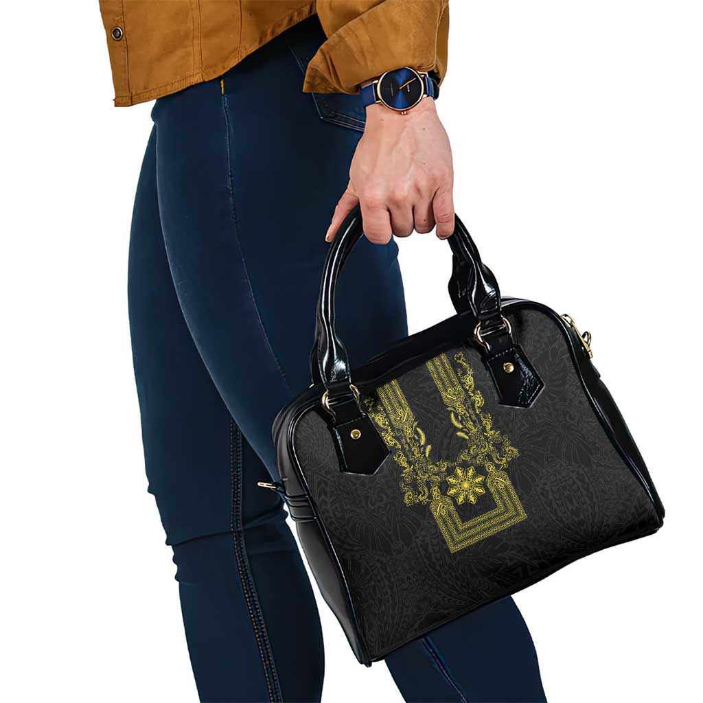 Philippines Barong Style Shoulder Handbag with Polynesian Art and Leaf Motif Black-Gold Color