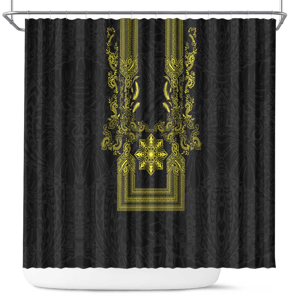 Philippines Barong Style Shower Curtain with Polynesian Art and Leaf Motif Black-Gold Color LT03 Black - Polynesian Pride