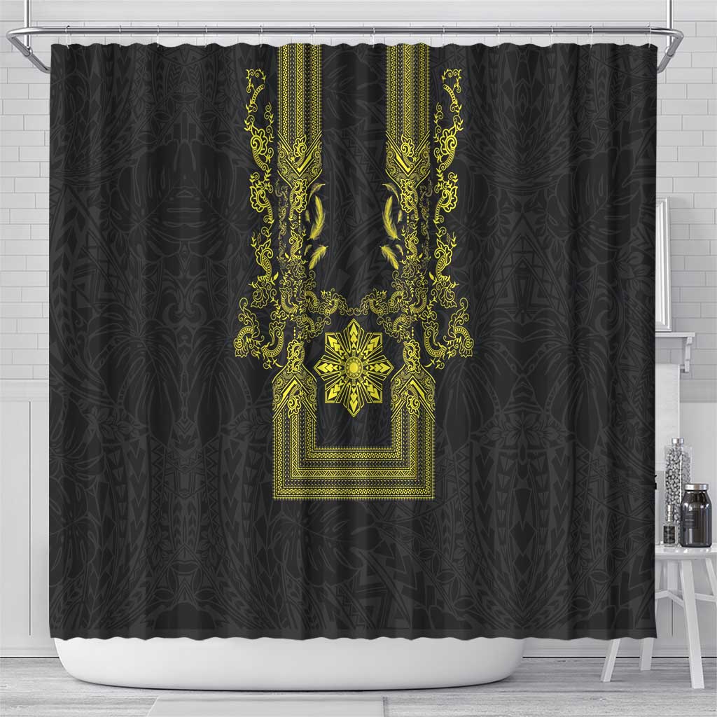 Philippines Barong Style Shower Curtain with Polynesian Art and Leaf Motif Black-Gold Color LT03 - Polynesian Pride