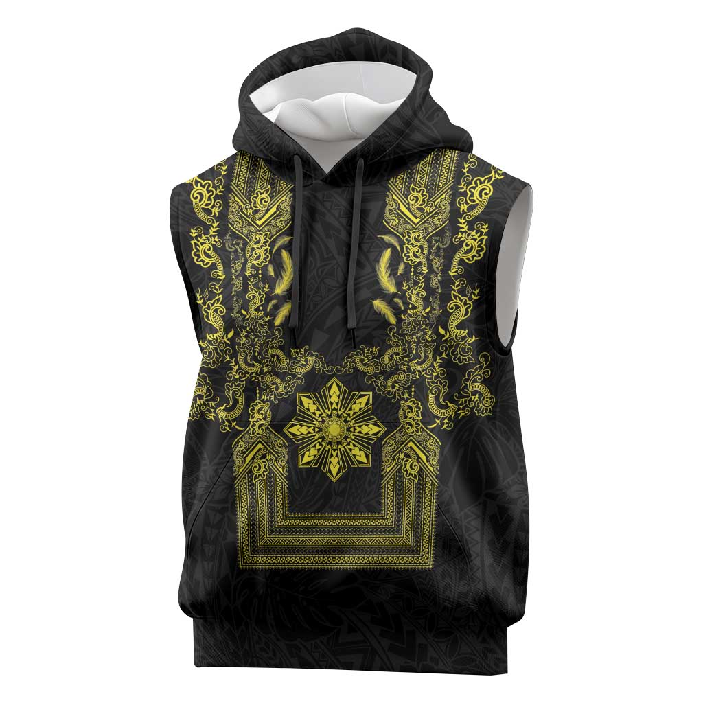 Philippines Barong Style Sleeveless Hoodie with Polynesian Art and Leaf Motif Black-Gold Color LT03 Black - Polynesian Pride