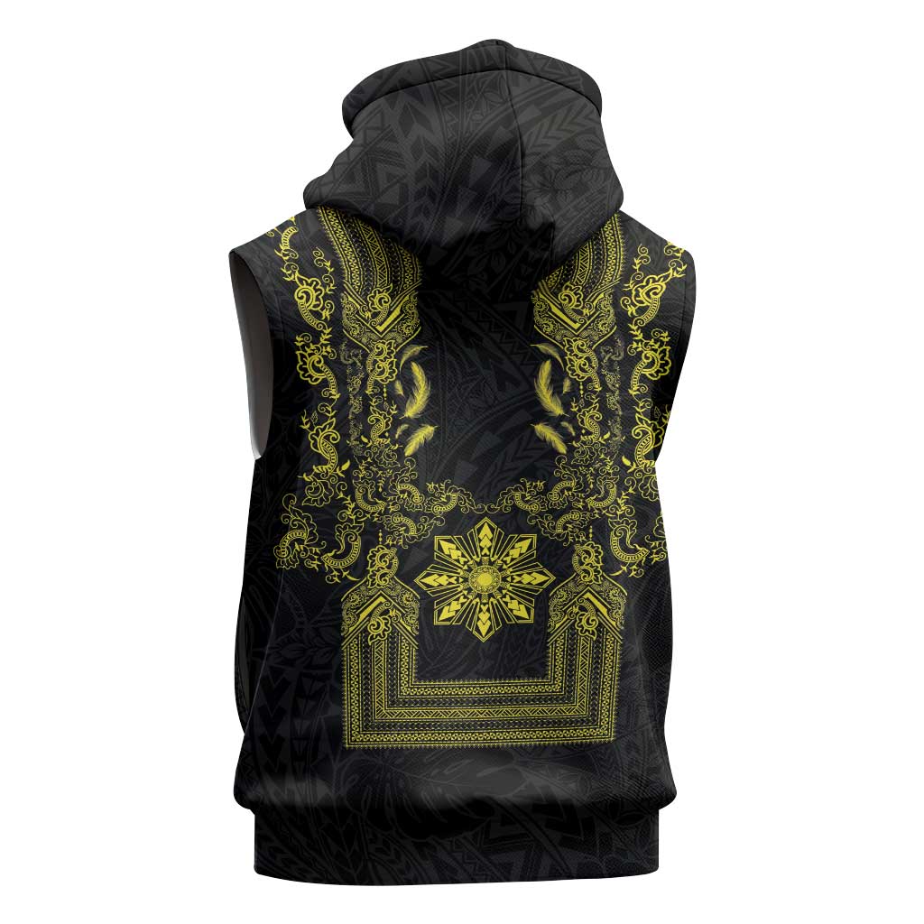 Philippines Barong Style Sleeveless Hoodie with Polynesian Art and Leaf Motif Black-Gold Color LT03 - Polynesian Pride