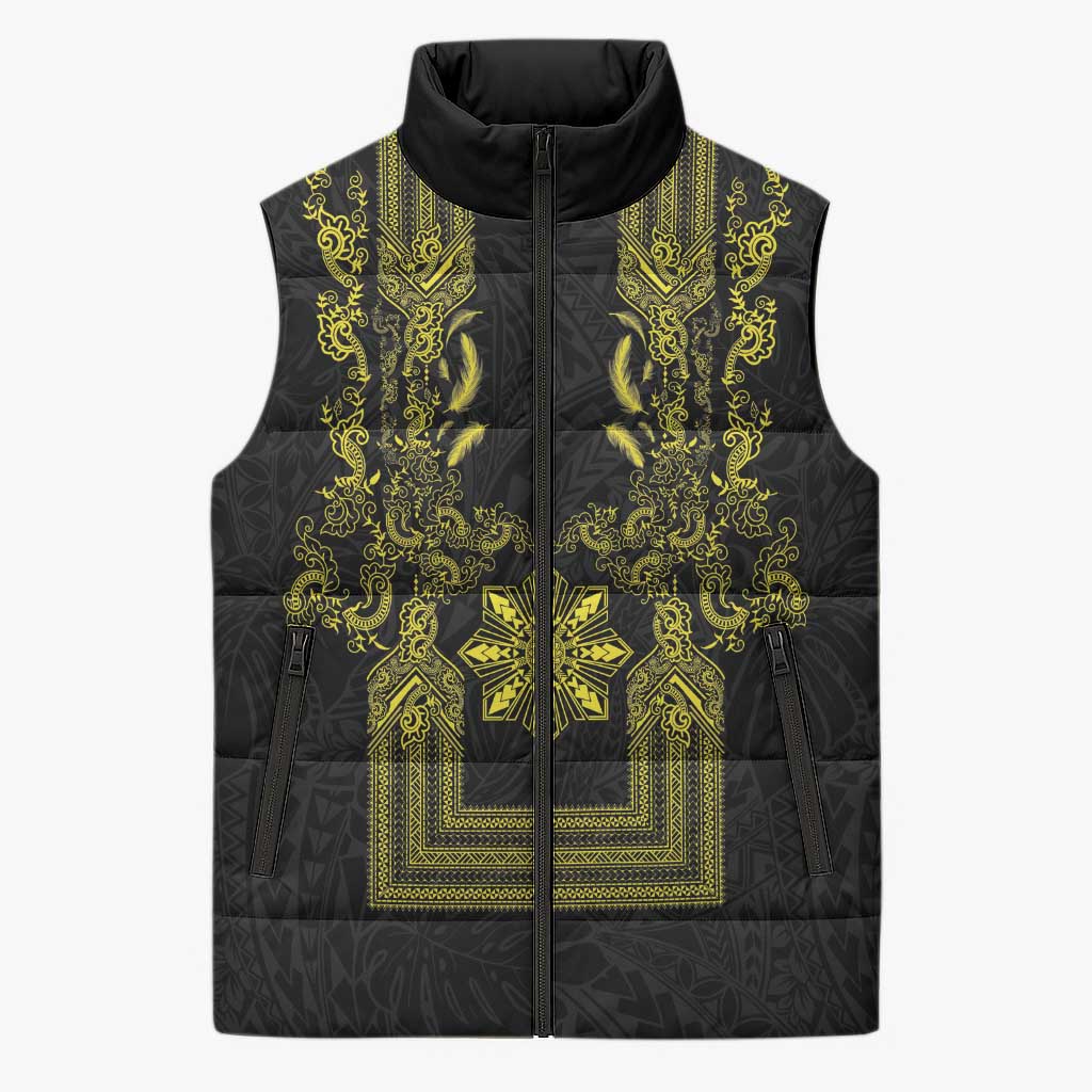 Philippines Barong Style Sleeveless Puffer Jacket with Polynesian Art and Leaf Motif Black-Gold Color