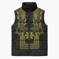 Philippines Barong Style Sleeveless Puffer Jacket with Polynesian Art and Leaf Motif Black-Gold Color