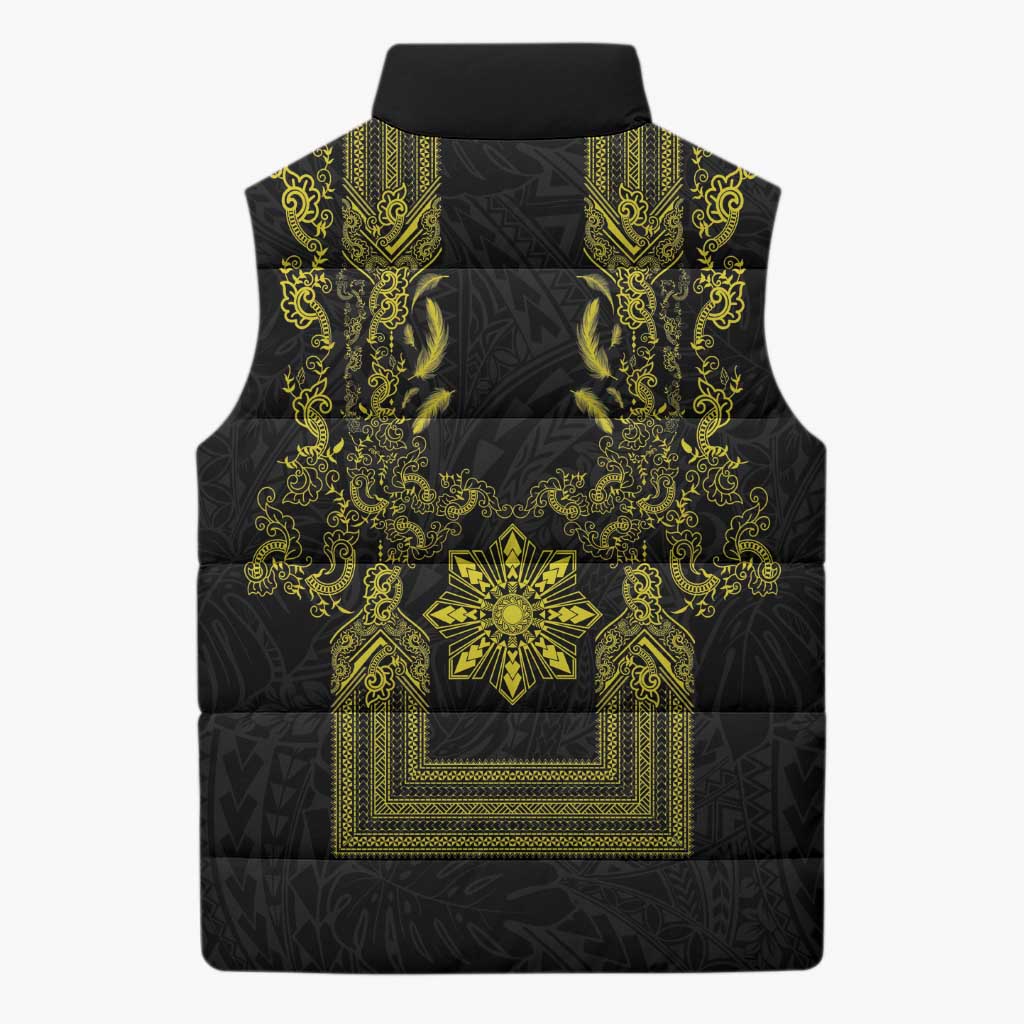 Philippines Barong Style Sleeveless Puffer Jacket with Polynesian Art and Leaf Motif Black-Gold Color
