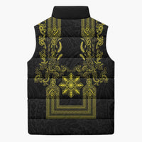 Philippines Barong Style Sleeveless Puffer Jacket with Polynesian Art and Leaf Motif Black-Gold Color