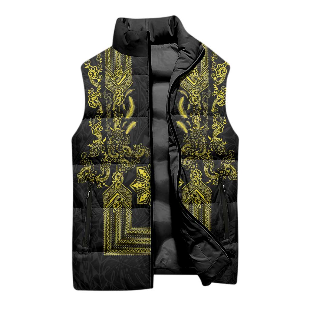 Philippines Barong Style Sleeveless Puffer Jacket with Polynesian Art and Leaf Motif Black-Gold Color