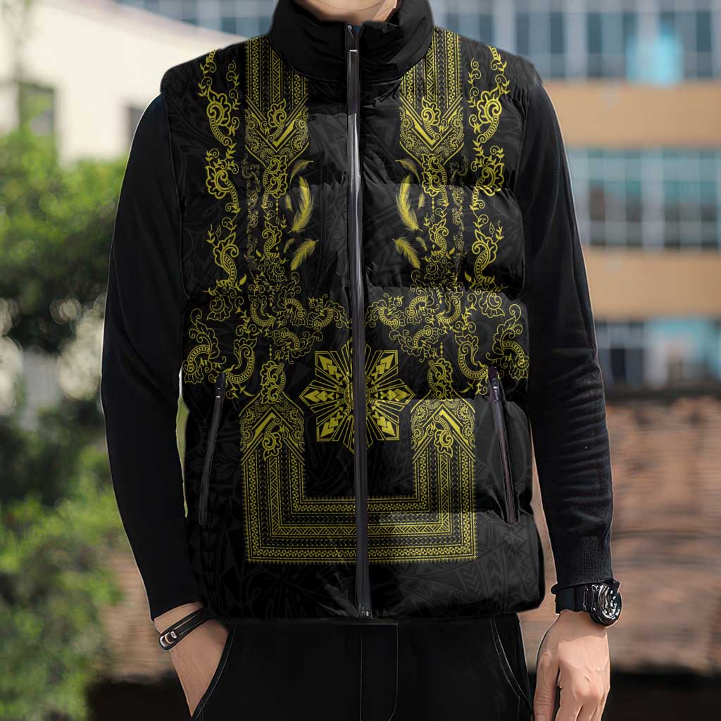 Philippines Barong Style Sleeveless Puffer Jacket with Polynesian Art and Leaf Motif Black-Gold Color