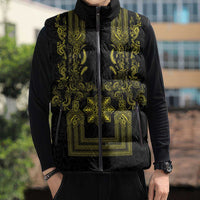 Philippines Barong Style Sleeveless Puffer Jacket with Polynesian Art and Leaf Motif Black-Gold Color