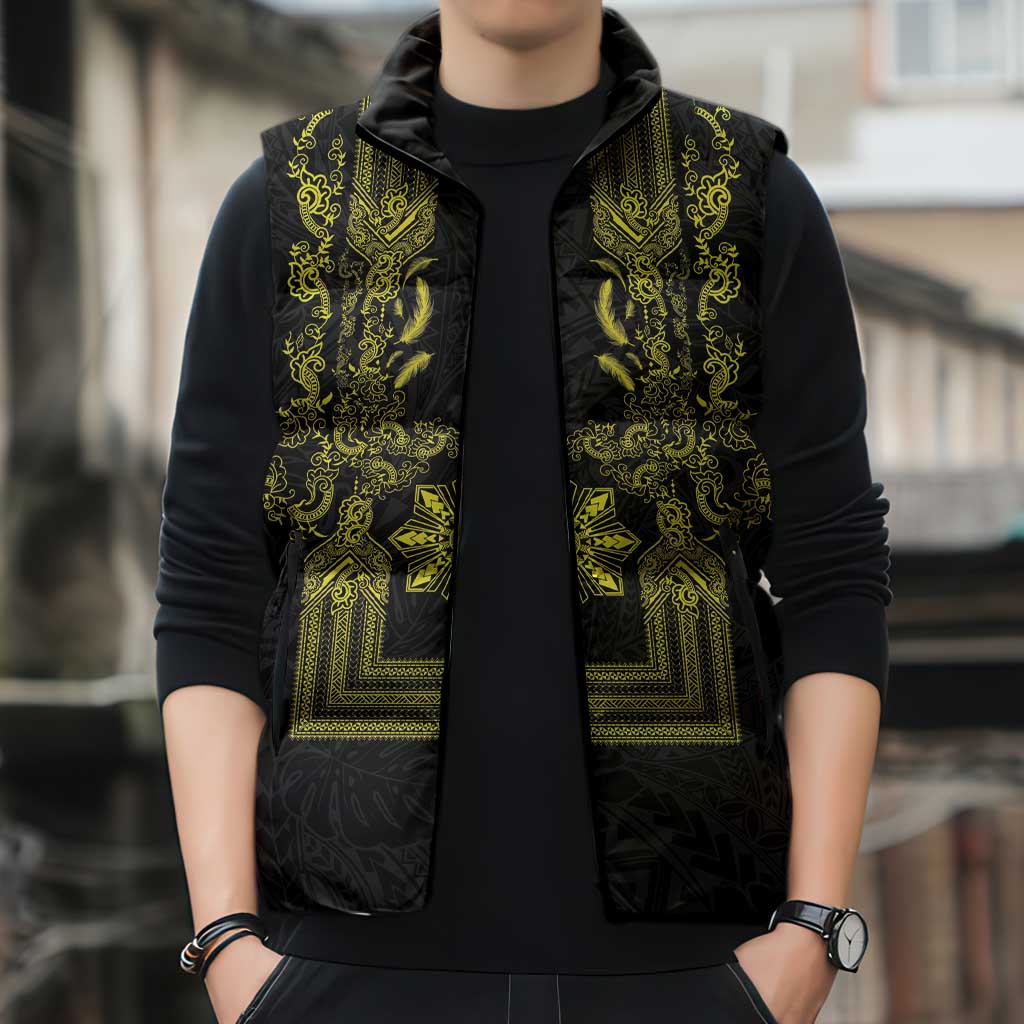 Philippines Barong Style Sleeveless Puffer Jacket with Polynesian Art and Leaf Motif Black-Gold Color