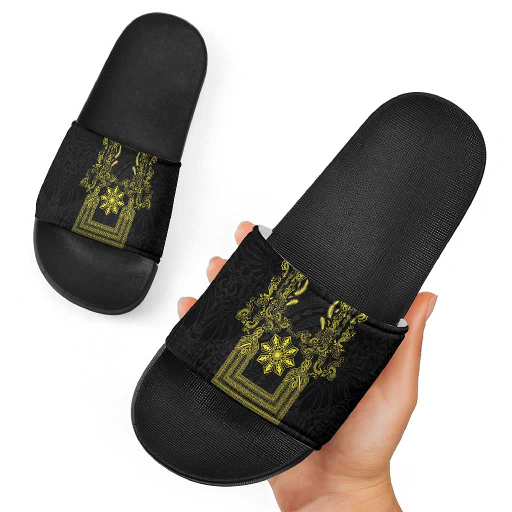 Philippines Barong Style Slide Sandals with Polynesian Art and Leaf Motif Black-Gold Color LT03 - Polynesian Pride