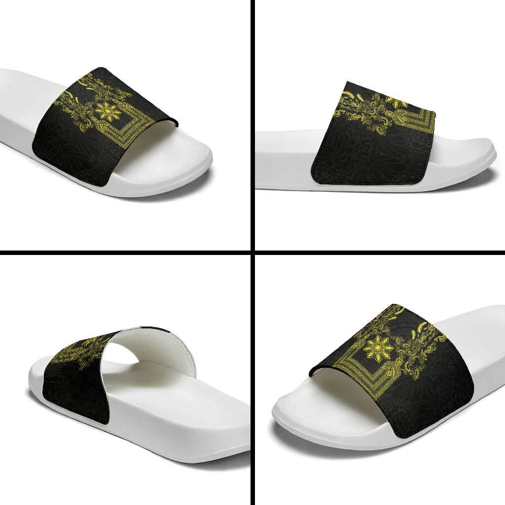Philippines Barong Style Slide Sandals with Polynesian Art and Leaf Motif Black-Gold Color LT03 - Polynesian Pride