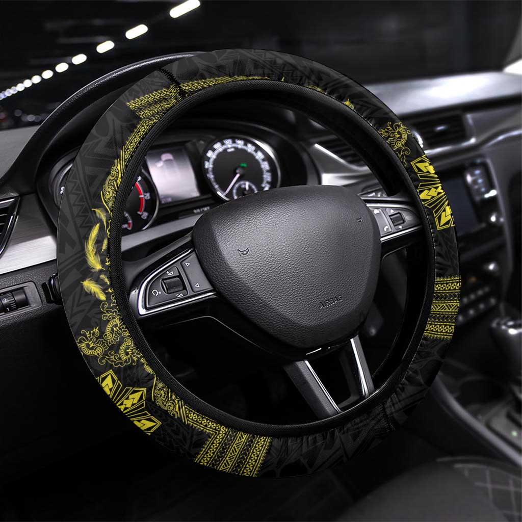 Philippines Barong Style Steering Wheel Cover with Polynesian Art and Leaf Motif Black-Gold Color LT03 Universal Fit Black - Polynesian Pride