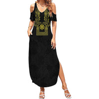 Philippines Barong Style Summer Maxi Dress with Polynesian Art and Leaf Motif Black-Gold Color LT03 Women Black - Polynesian Pride